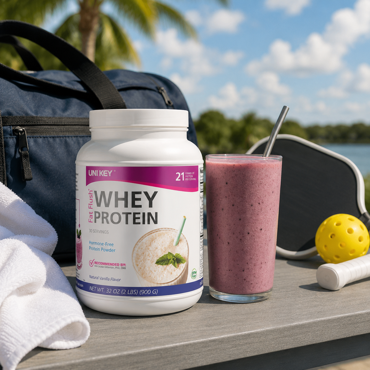 UNI KEY Fat Flush Whey Protein — French Vanilla on a sunny summer table
