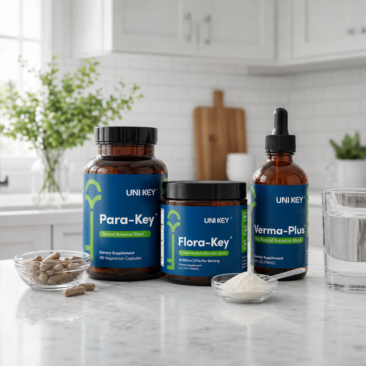 Inside the 30-Day Parasite Cleanse Kit — Para-Key®, Verma-Plus®, Flora-Key® UNI KEY 30-Day Parasite Cleanse Kit on a dark slate stone pedestal — Verma-Plus® herbal tincture, Para-Key® botanical capsules, and Flora-Key® 5-strain probiotic powder shown together as a complete 3-step gut reset system.
