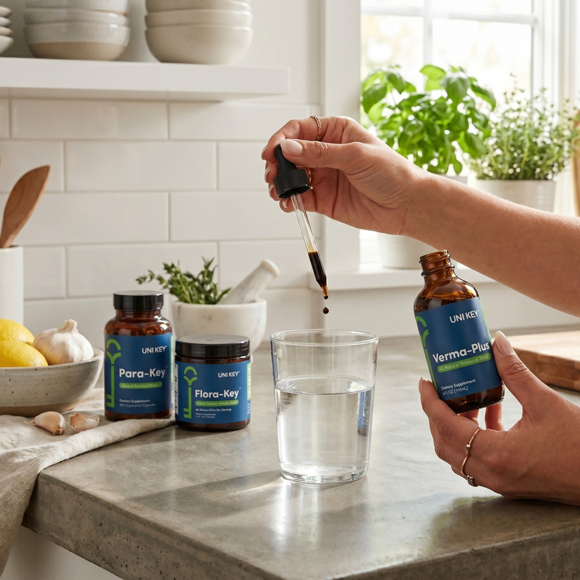 A simple daily ritual — Verma-Plus®, Para-Key®, and Flora-Key® UNI KEY Verma-Plus® herbal tincture being dripped into a glass of water beside Para-Key® capsules, Flora-Key® probiotic, and fresh lemon — a gentle daily wellness ritual on a sunlit kitchen counter.